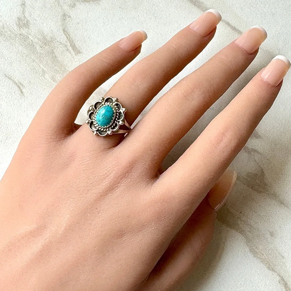 Navajo Flower Ring Turquoise Sz 7 Sterling Silver Signed Morgan Native Amer